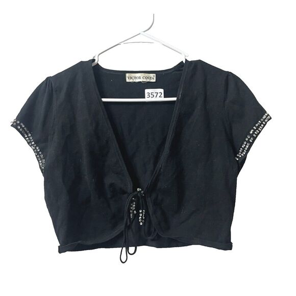 Y2K 90s Victor Costa Womens Black Cardigan Sweater S Cropped Sequin Whimsigoth - Picture 1 of 6